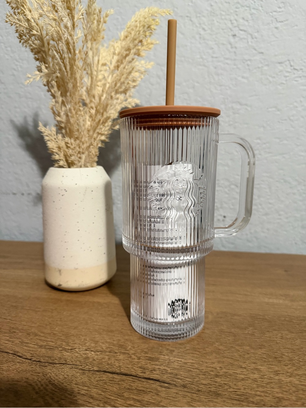 Starbucks Clear Ribbed Glass Mug with Tan Lid and Straw